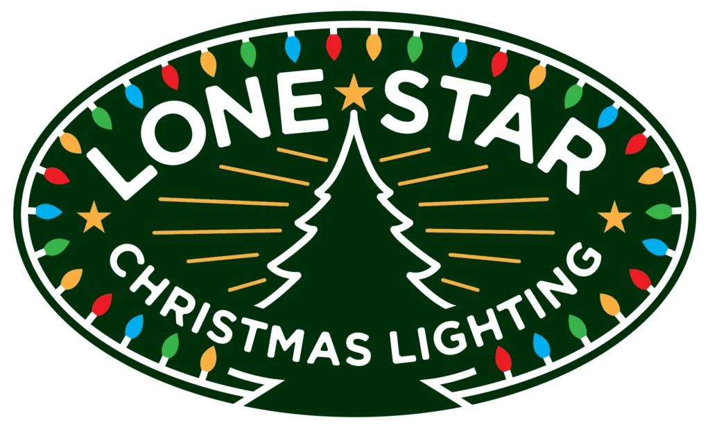 Logo for Lone Star Christmas Lighting featuring a stylized tree, a star, and colorful holiday lights around the border, with white text on a dark green background.