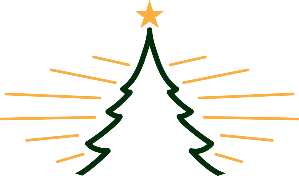 A simple illustration of a Christmas tree outline with a star on top, surrounded by gold lines radiating outward like festive lights or rays.